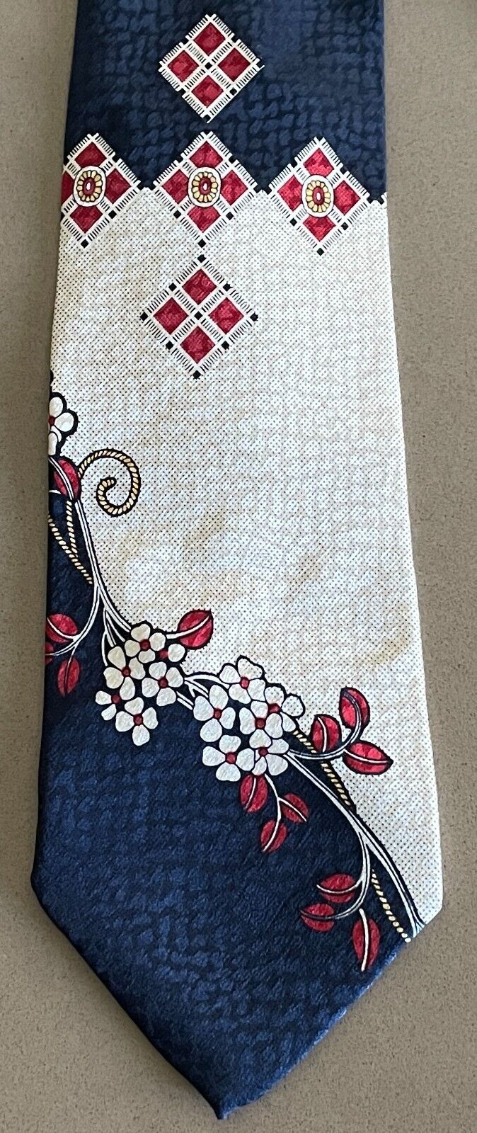 Mens KOFA Silk NeckTie Navy Burgundy Cream Pale Yellow Floral Artwork Neck Tie