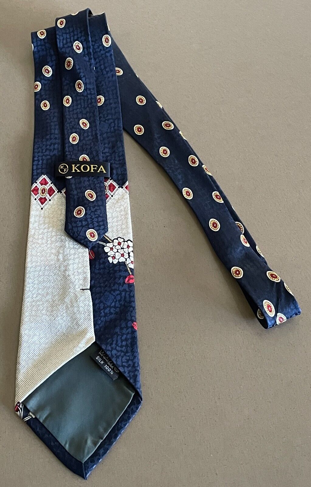 Mens KOFA Silk NeckTie Navy Burgundy Cream Pale Yellow Floral Artwork Neck Tie