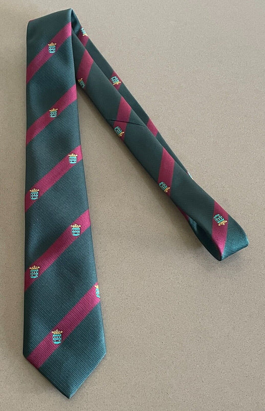 Mens Necktie Vintage Thin Tie Green and Cerise Stripe Crest Print Polyester Tie