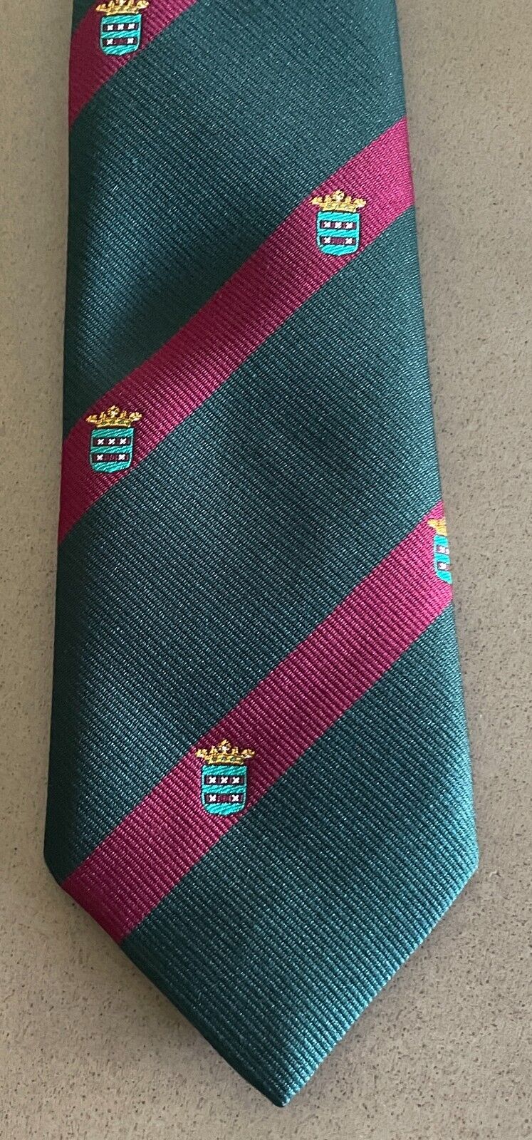 Mens Necktie Vintage Thin Tie Green and Cerise Stripe Crest Print Polyester Tie