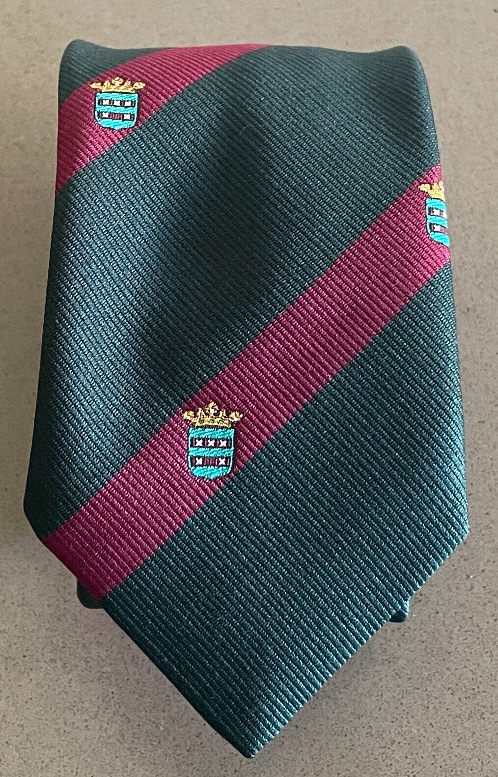 Mens Necktie Vintage Thin Tie Green and Cerise Stripe Crest Print Polyester Tie
