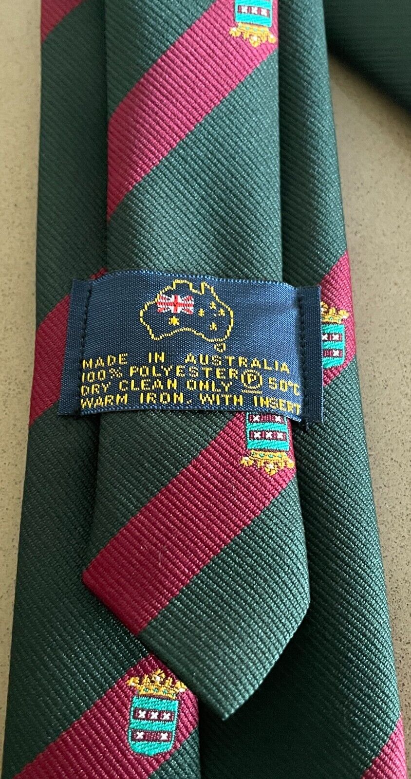 Mens Necktie Vintage Thin Tie Green and Cerise Stripe Crest Print Polyester Tie