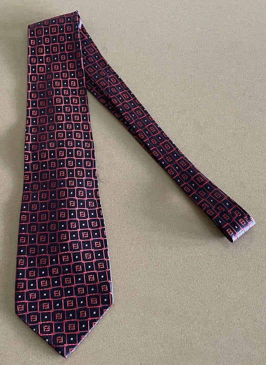 Mens Silk Tie FENDI Red Pink Navy Tile Print Made in Italy NeckTie