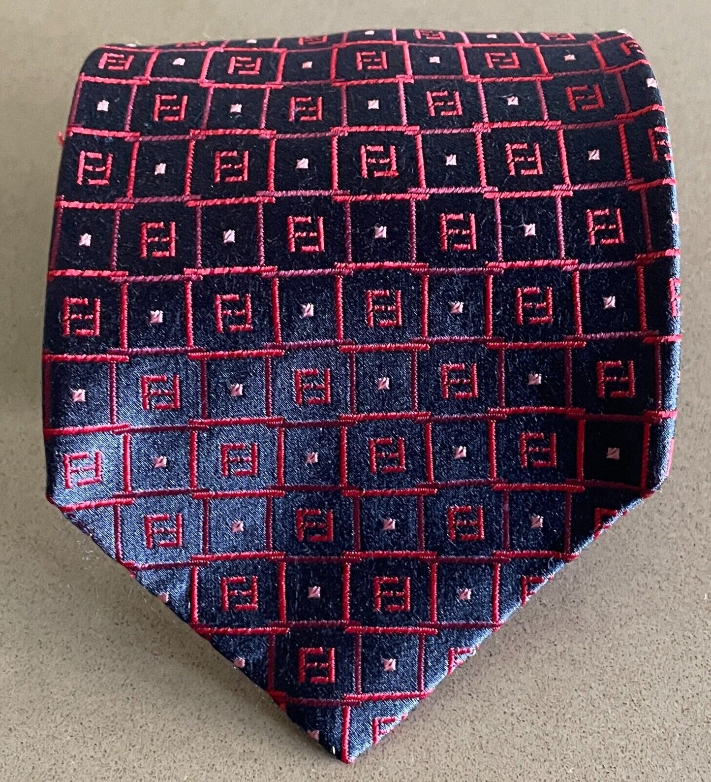 Mens Silk Tie FENDI Red Pink Navy Tile Print Made in Italy NeckTie