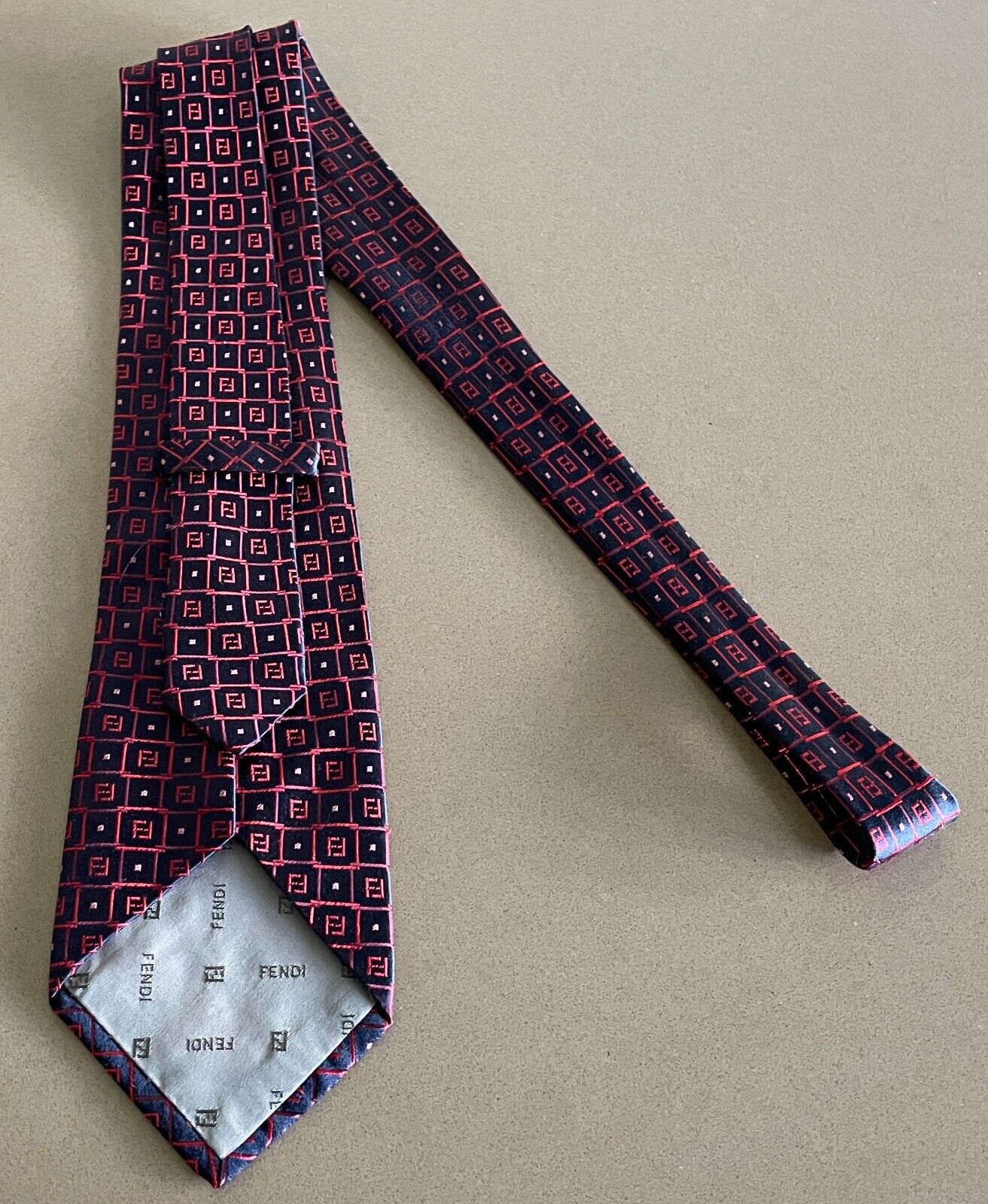 Mens Silk Tie FENDI Red Pink Navy Tile Print Made in Italy NeckTie