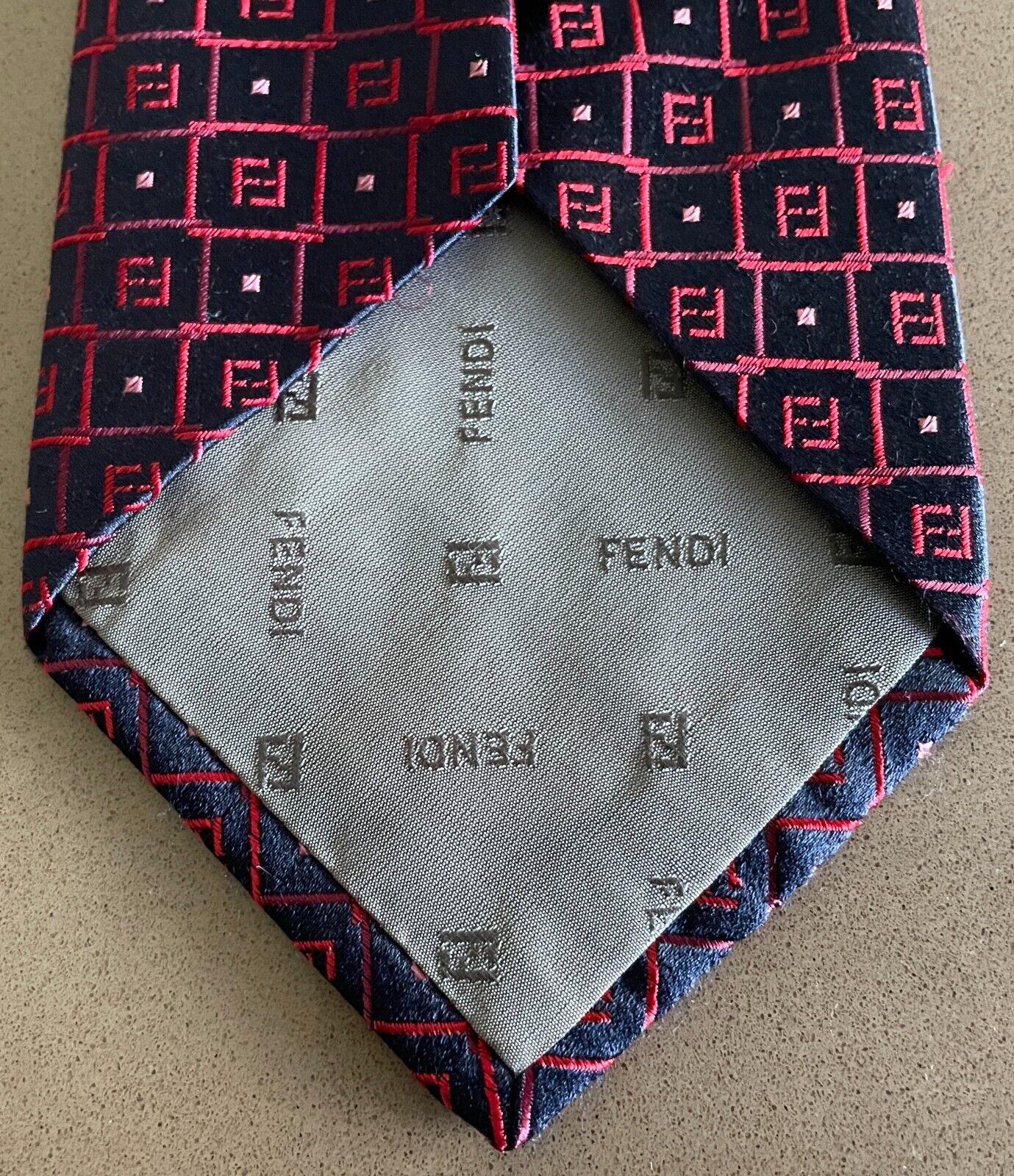 Mens Silk Tie FENDI Red Pink Navy Tile Print Made in Italy NeckTie