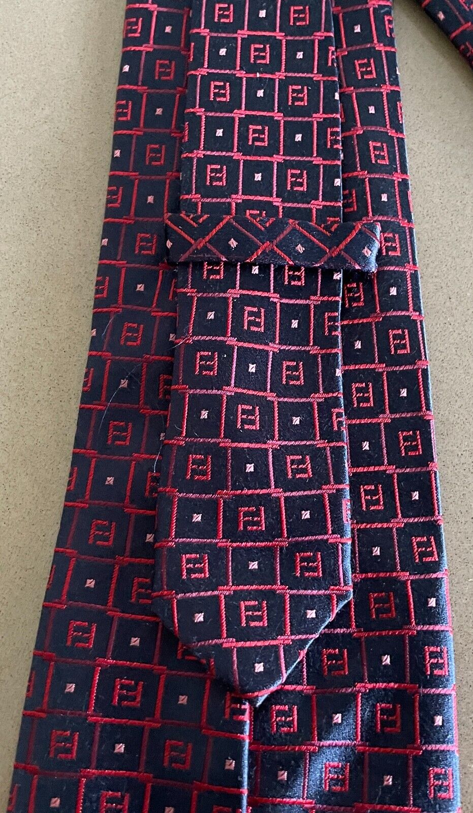 Mens Silk Tie FENDI Red Pink Navy Tile Print Made in Italy NeckTie