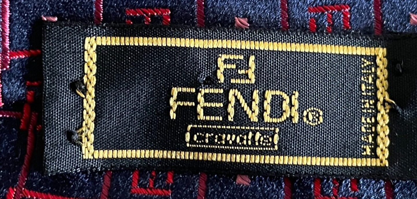 Mens Silk Tie FENDI Red Pink Navy Tile Print Made in Italy NeckTie