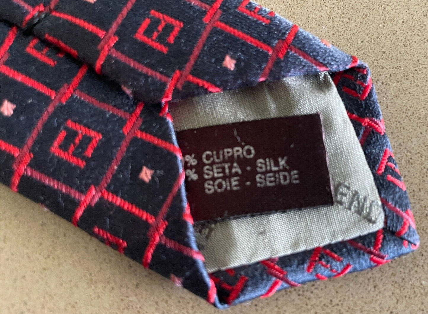 Mens Silk Tie FENDI Red Pink Navy Tile Print Made in Italy NeckTie
