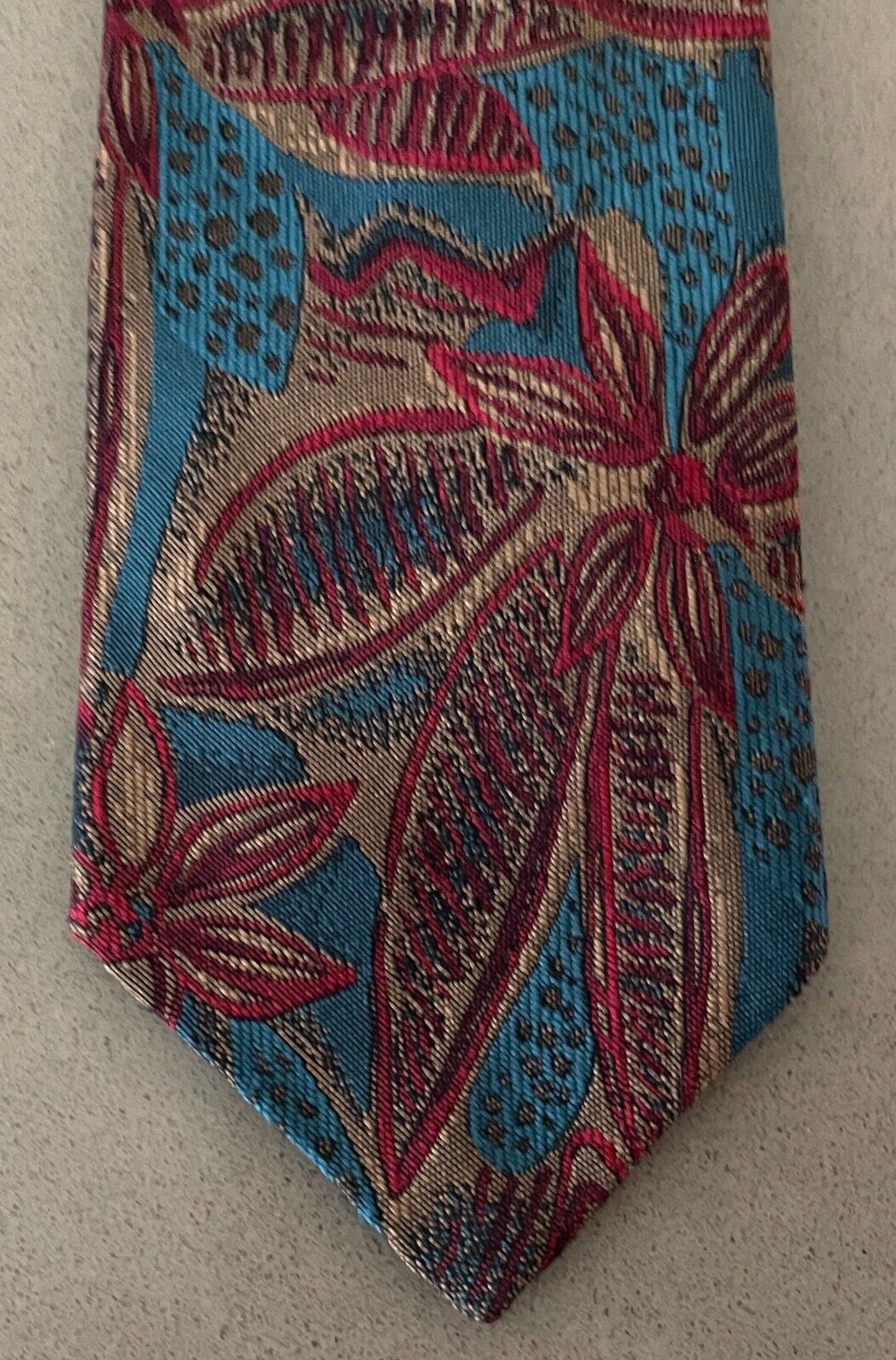 Mens NeckTie COMME SOIE Green Gold Maroon Floral Silk Wedding Formal 7.5cm W Vtg