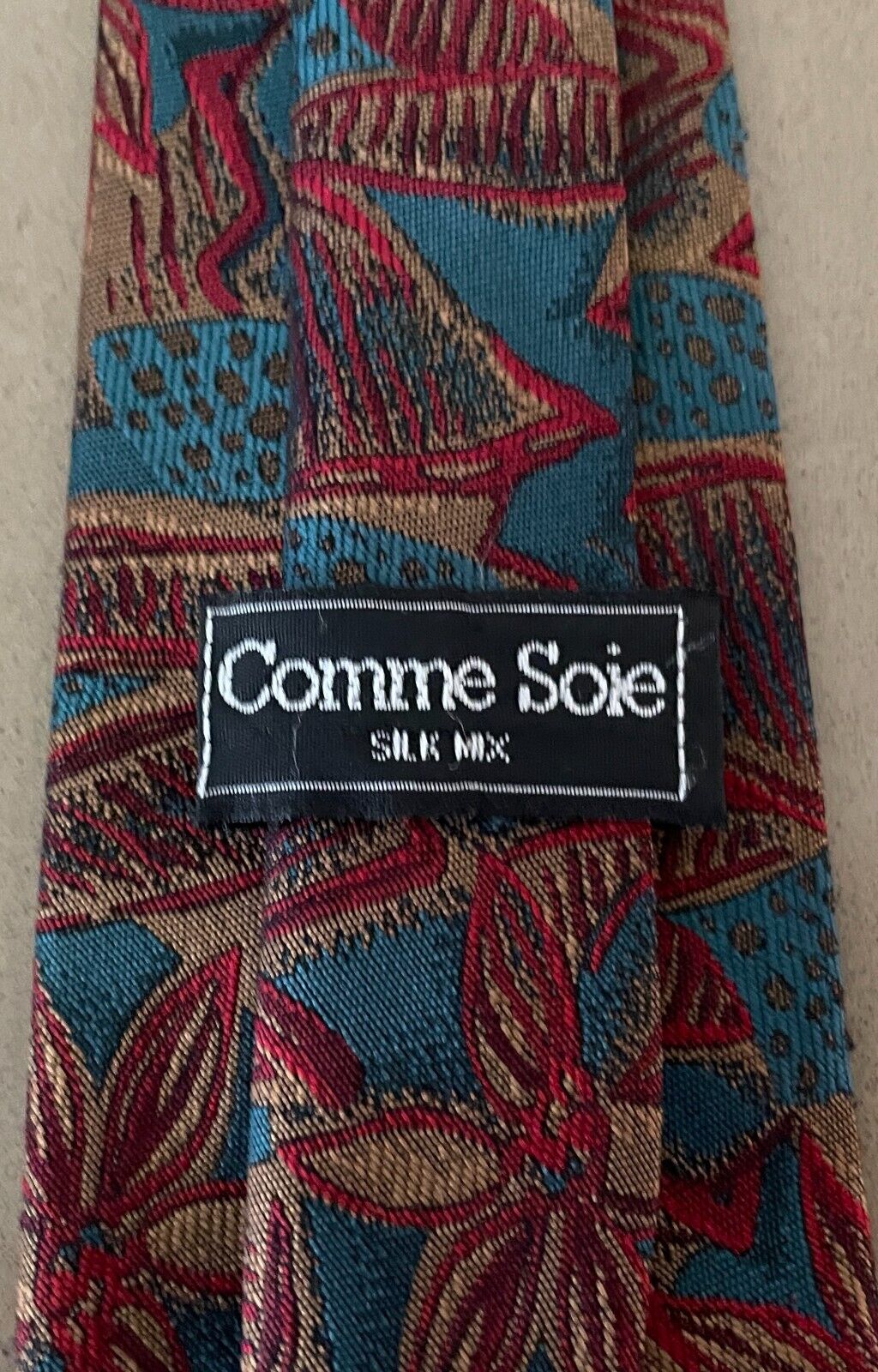 Mens NeckTie COMME SOIE Green Gold Maroon Floral Silk Wedding Formal 7.5cm W Vtg