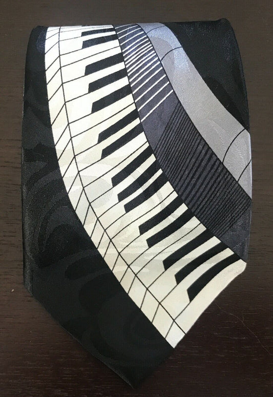 TIE MATE Australia Piano Keys NeckTie Jacquard Black Grey & White Satin Musical