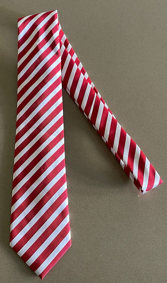 Mens NeckTie Red & White Stripe Teflon Treated Polyester NEW Neck Tie with Tags