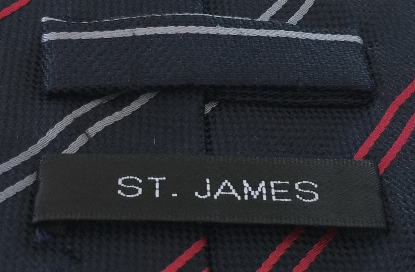 Mens Silk Tie ST JAMES Navy Red & Silver Stripe Classic NEW Vintage NeckTie