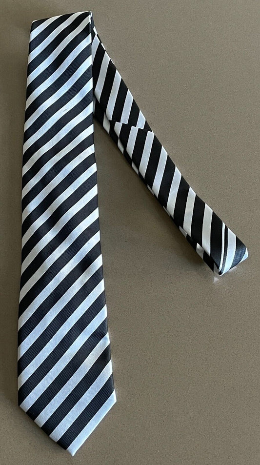 Mens Neck Tie Black & White Stripe Teflon Treated Polyester NEW NeckTie w Tags