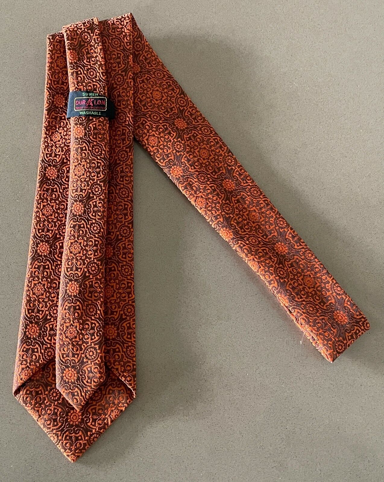 Vintage Mens Tie DURALON 1960's 1970's Orange Jacquard Print Necktie