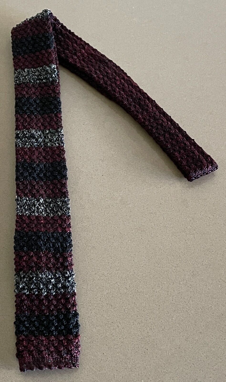 Vintage Mens NECKTIE Burgundy Navy Grey Stripe Knit Square End 1960's Neck Tie