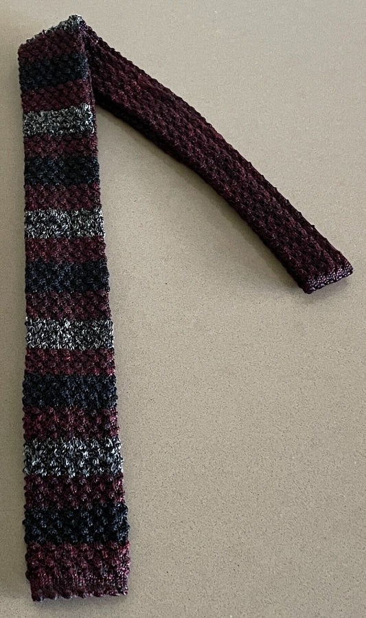 Vintage Mens NECKTIE Burgundy Navy Grey Stripe Knit Square End 1960's Neck Tie