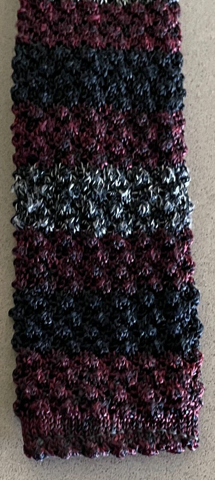 Vintage Mens NECKTIE Burgundy Navy Grey Stripe Knit Square End 1960's Neck Tie