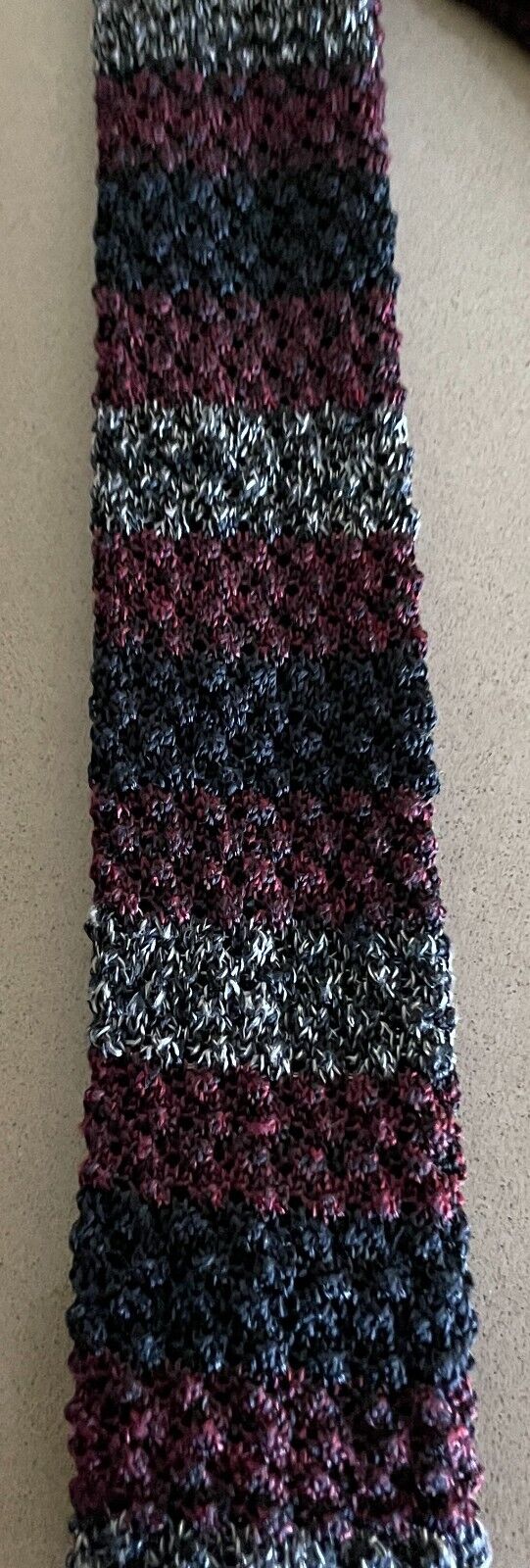 Vintage Mens NECKTIE Burgundy Navy Grey Stripe Knit Square End 1960's Neck Tie