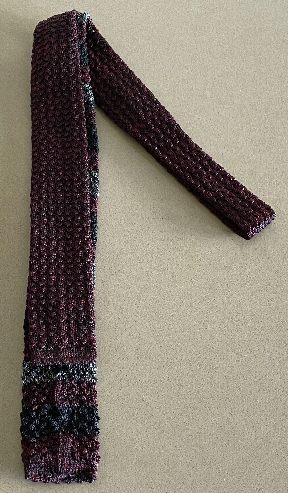 Vintage Mens NECKTIE Burgundy Navy Grey Stripe Knit Square End 1960's Neck Tie