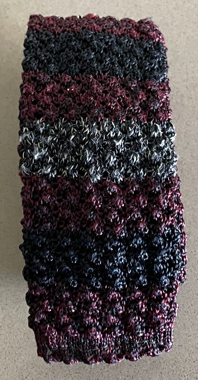 Vintage Mens NECKTIE Burgundy Navy Grey Stripe Knit Square End 1960's Neck Tie