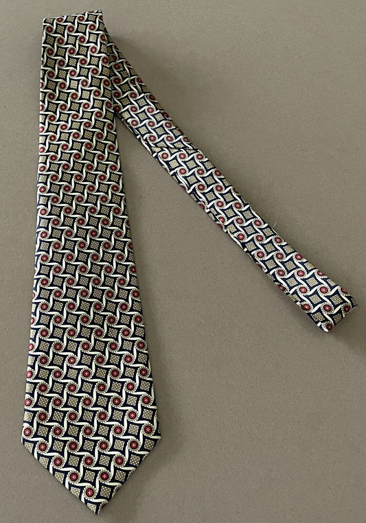 Mens RENE CHAGAL Silk NeckTie Pale Yellow Navy Burgundy Print Hand Made Neck Tie