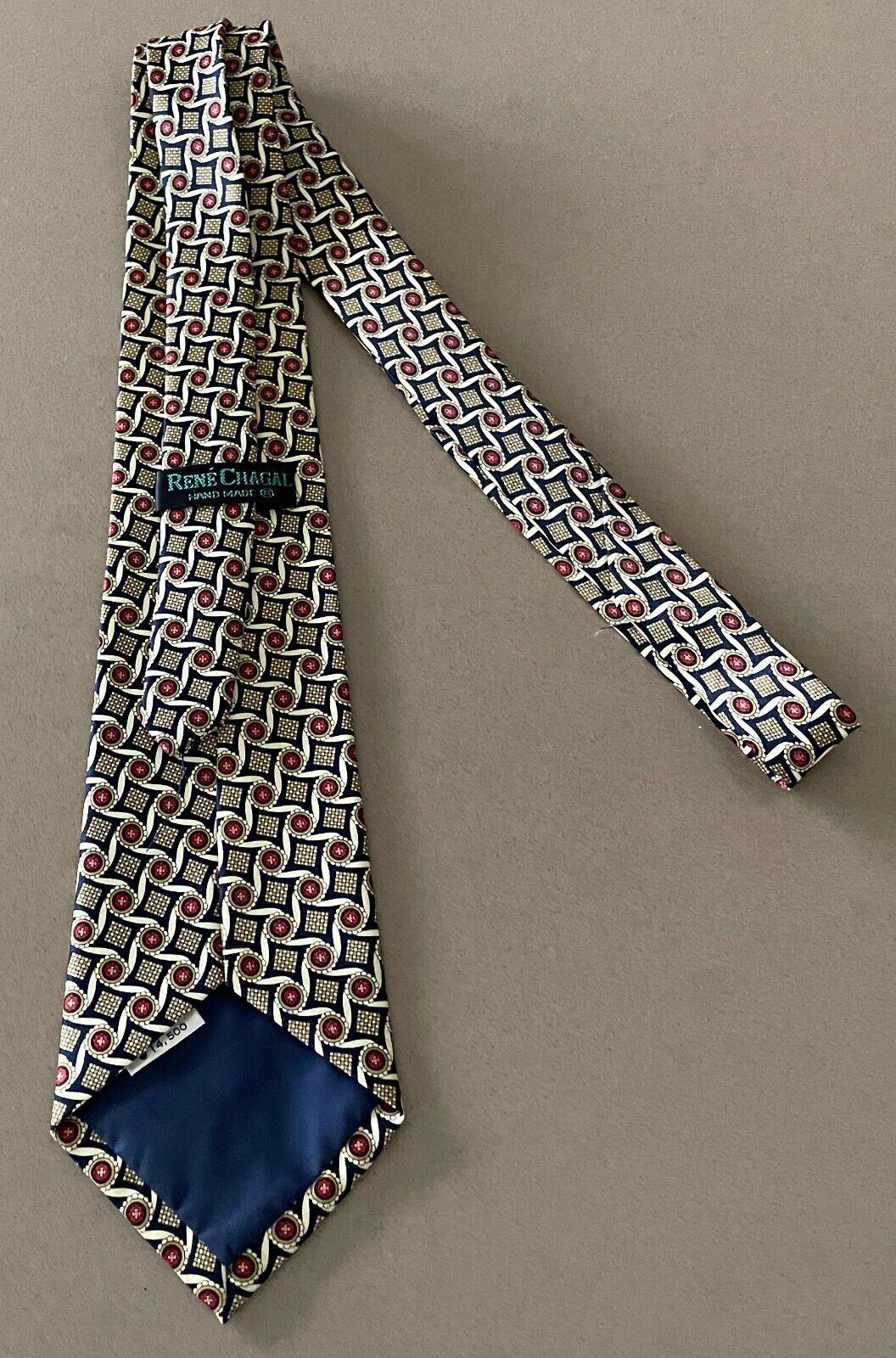 Mens RENE CHAGAL Silk NeckTie Pale Yellow Navy Burgundy Print Hand Made Neck Tie