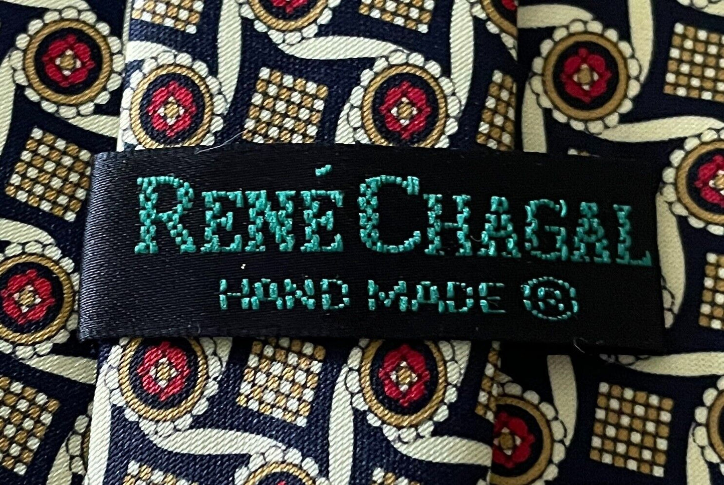 Mens RENE CHAGAL Silk NeckTie Pale Yellow Navy Burgundy Print Hand Made Neck Tie