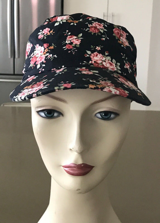 Strap Back Cap Black Floral Print Newsboy Style Hat Size 57.5  59cm Baseball