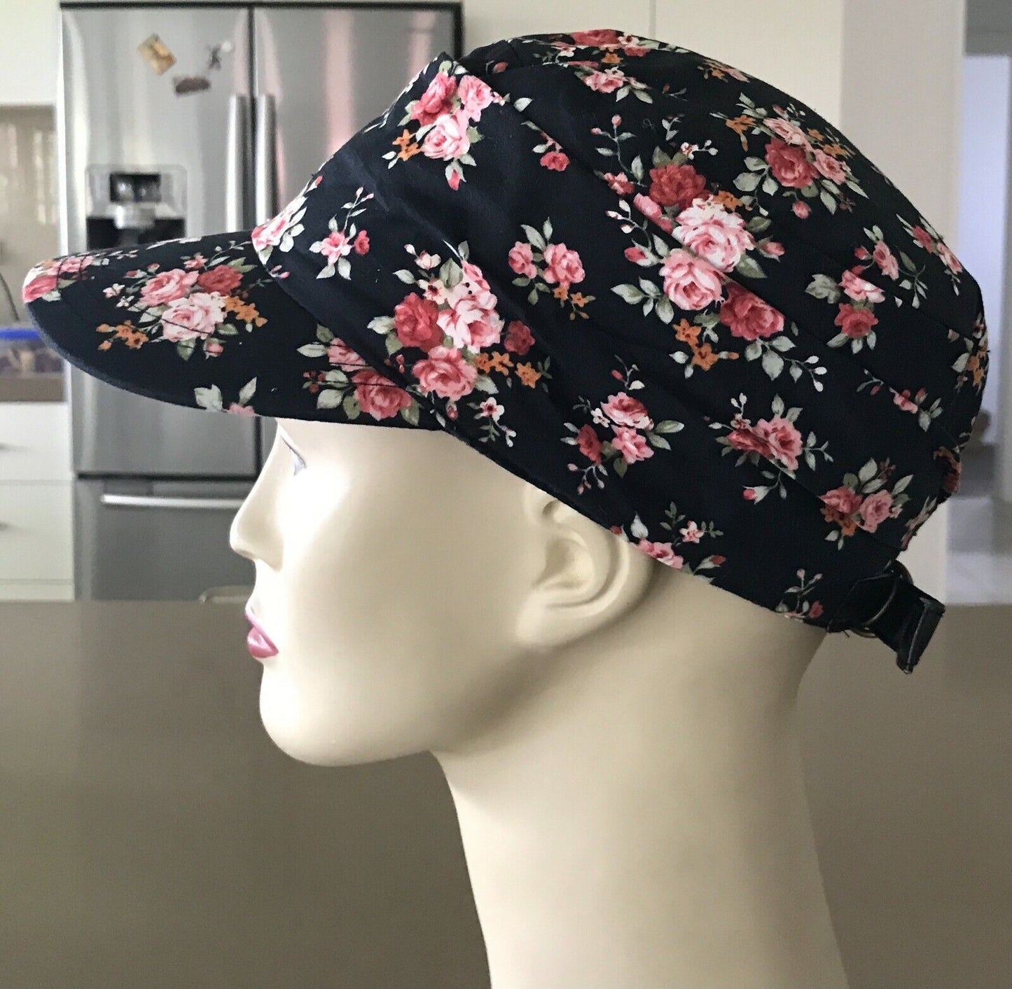 Strap Back Cap Black Floral Print Newsboy Style Hat Size 57.5  59cm Baseball