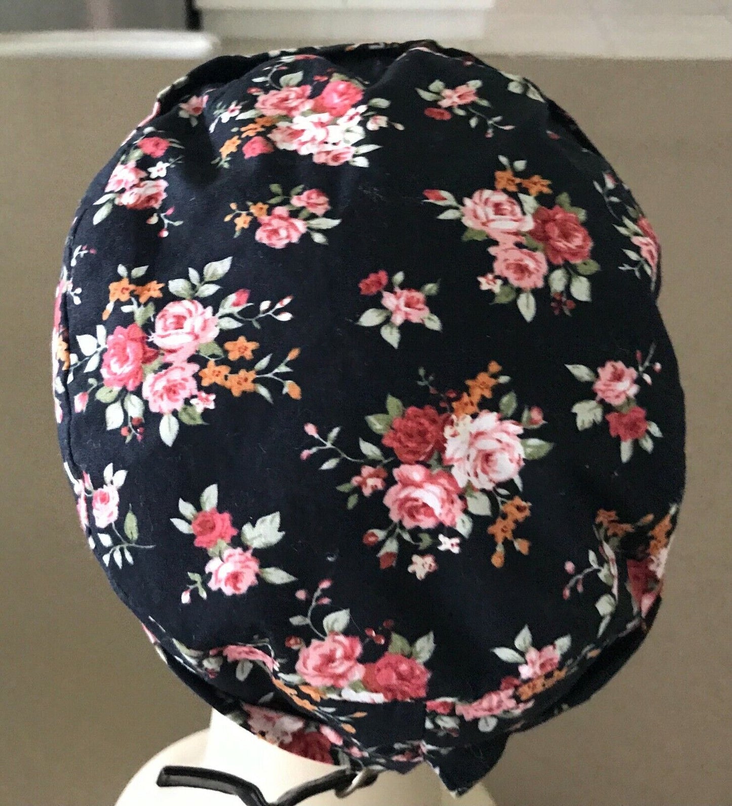 Strap Back Cap Black Floral Print Newsboy Style Hat Size 57.5  59cm Baseball