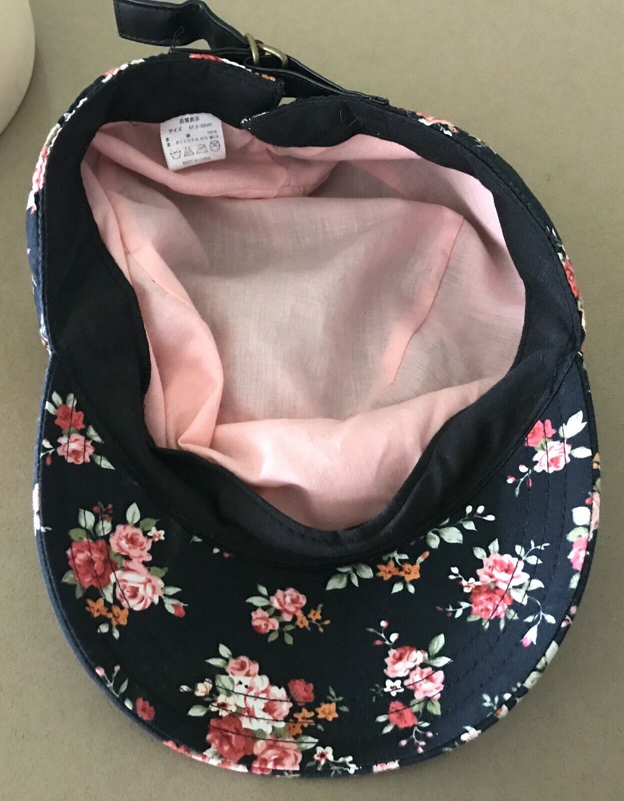 Strap Back Cap Black Floral Print Newsboy Style Hat Size 57.5  59cm Baseball
