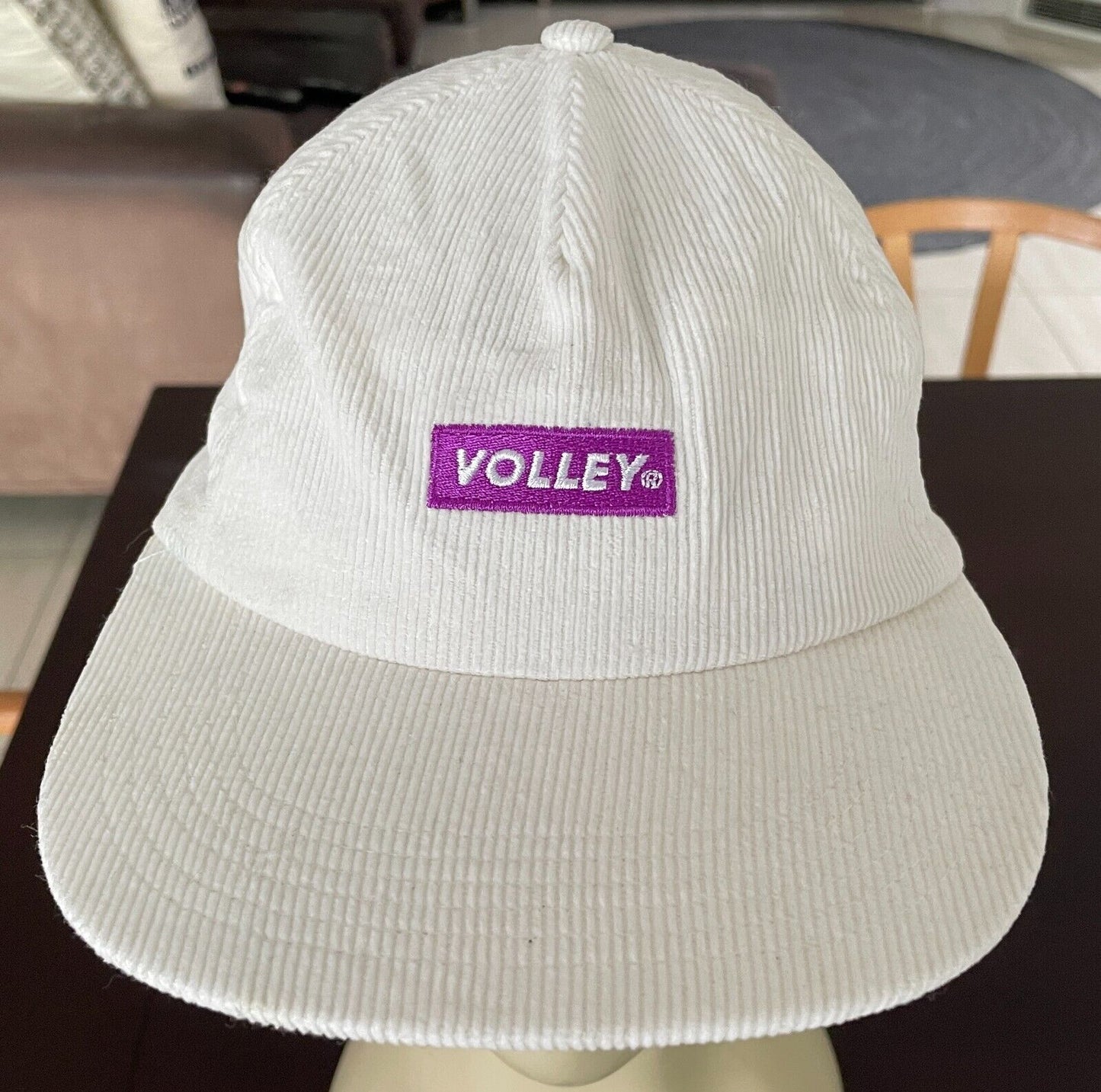 VOLLEY White Corduroy Cap Hat Purple Trim Adjustable Unisex OSFA 6 Panel Style