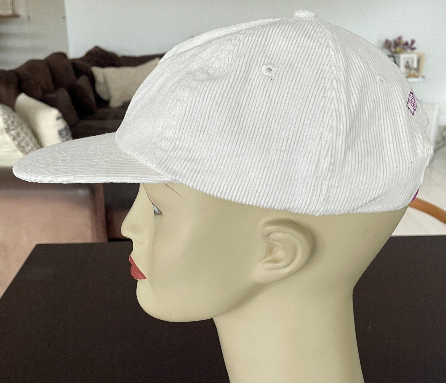 VOLLEY White Corduroy Cap Hat Purple Trim Adjustable Unisex OSFA 6 Panel Style