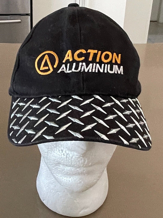 ACTION ALUMINIUM Checkerboard Baseball Cap Black Silver Trim Adjust Strap Back
