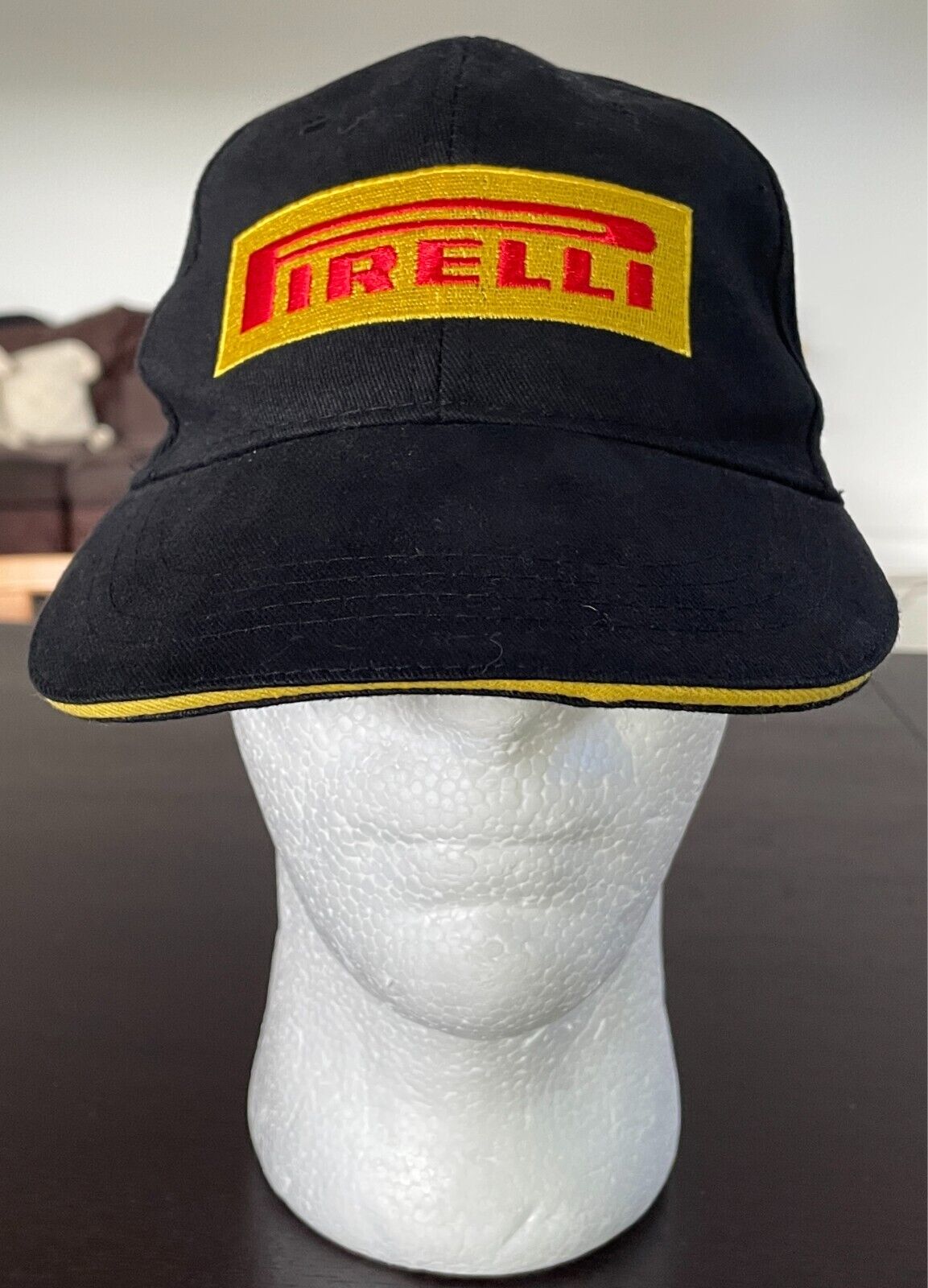 PIRELLI Black Cap Hat Adjustable Unisex Size One Size 6 Panel Yellow & Red Logo