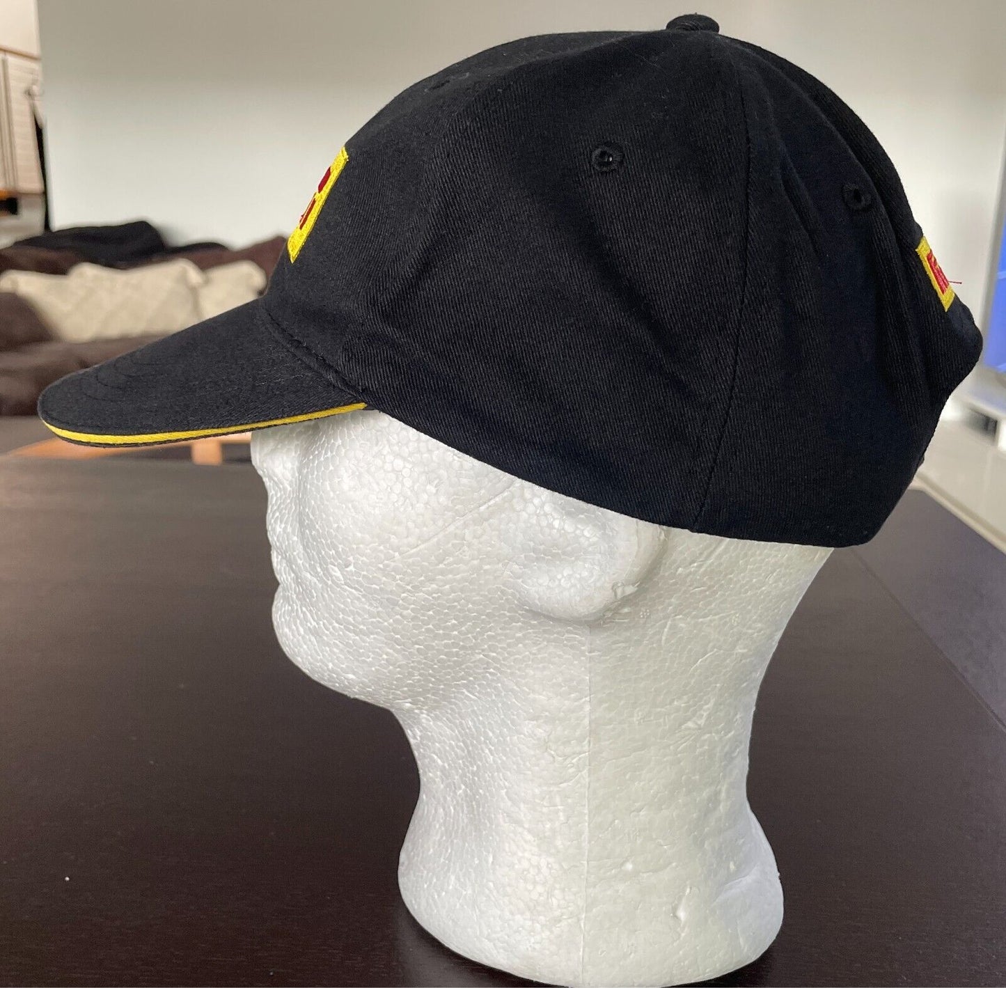 PIRELLI Black Cap Hat Adjustable Unisex Size One Size 6 Panel Yellow & Red Logo