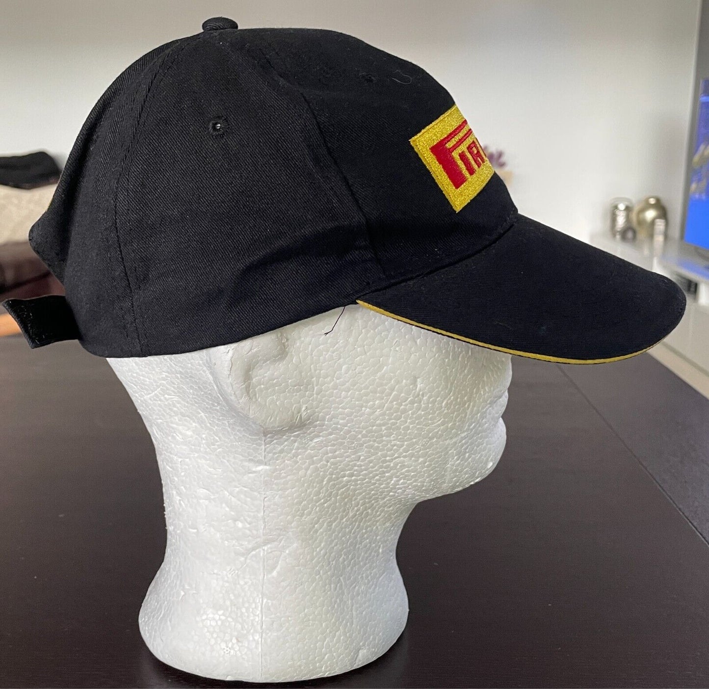PIRELLI Black Cap Hat Adjustable Unisex Size One Size 6 Panel Yellow & Red Logo