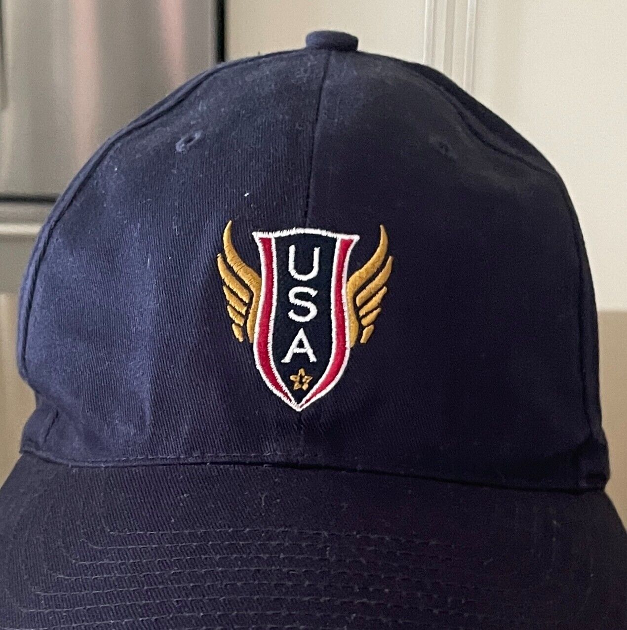 NIKE USA Navy Blue Black Slap Back Metal Slider Baseball Cap Hat Curved Bill NEW