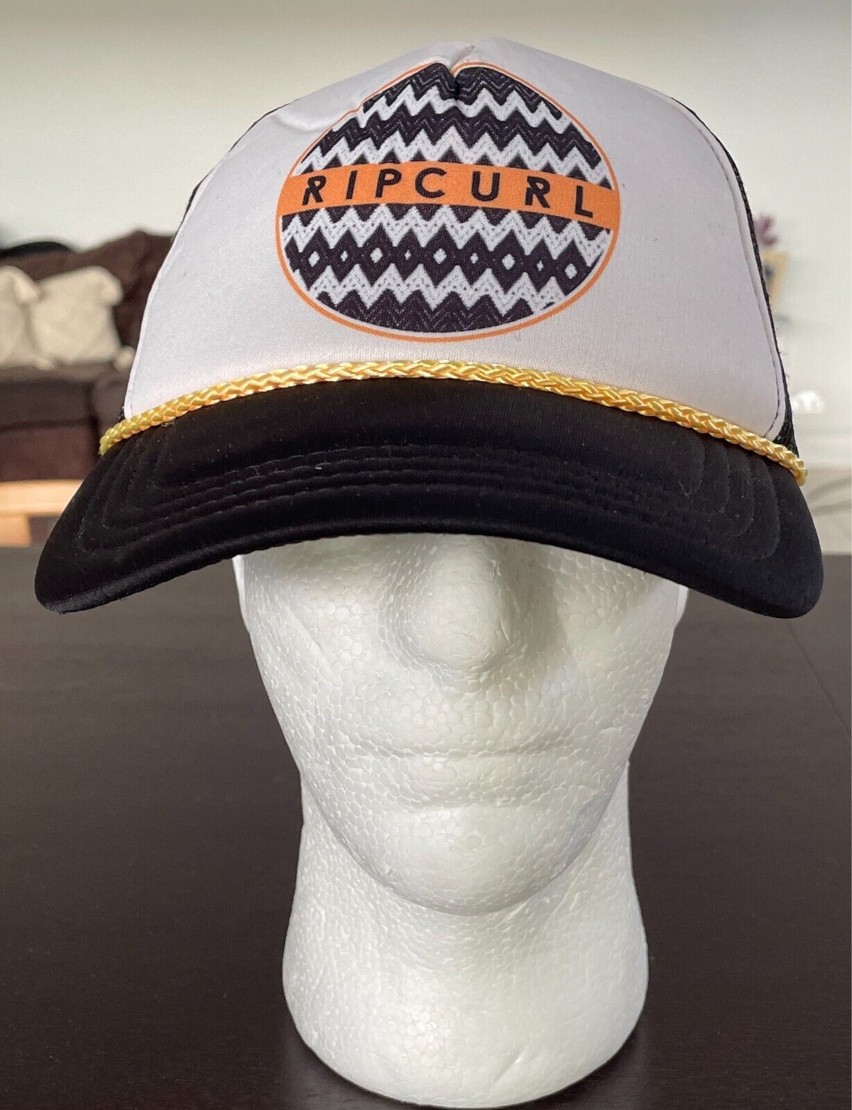 RIPCURL Cap Hat Black Unisex Snapback OSFA 6 Panel Mesh Back Gold Cord Trim