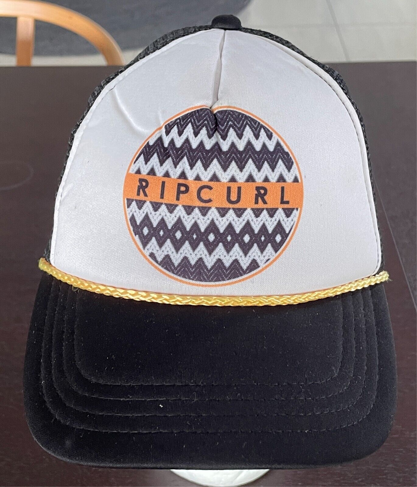RIPCURL Cap Hat Black Unisex Snapback OSFA 6 Panel Mesh Back Gold Cord Trim