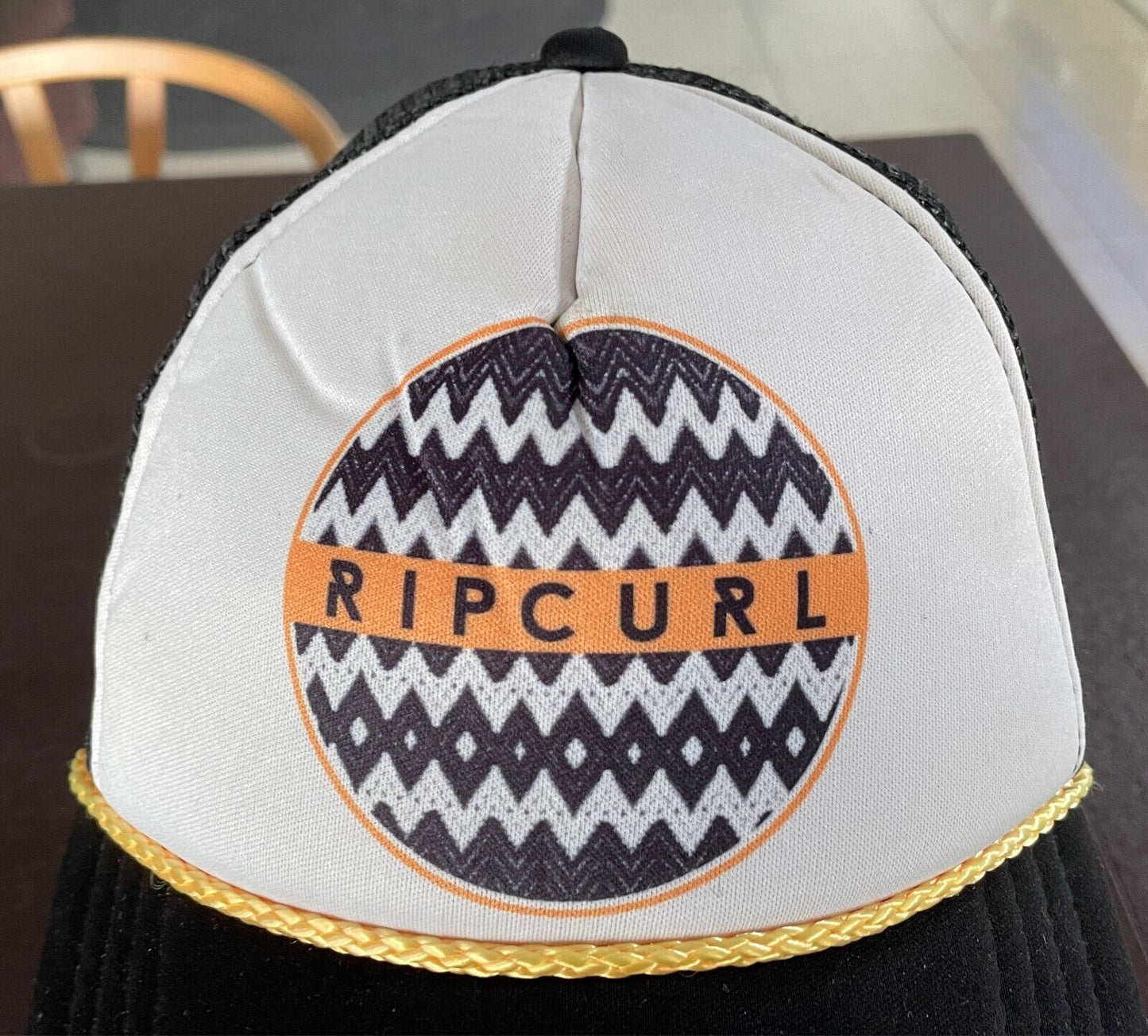 RIPCURL Cap Hat Black Unisex Snapback OSFA 6 Panel Mesh Back Gold Cord Trim