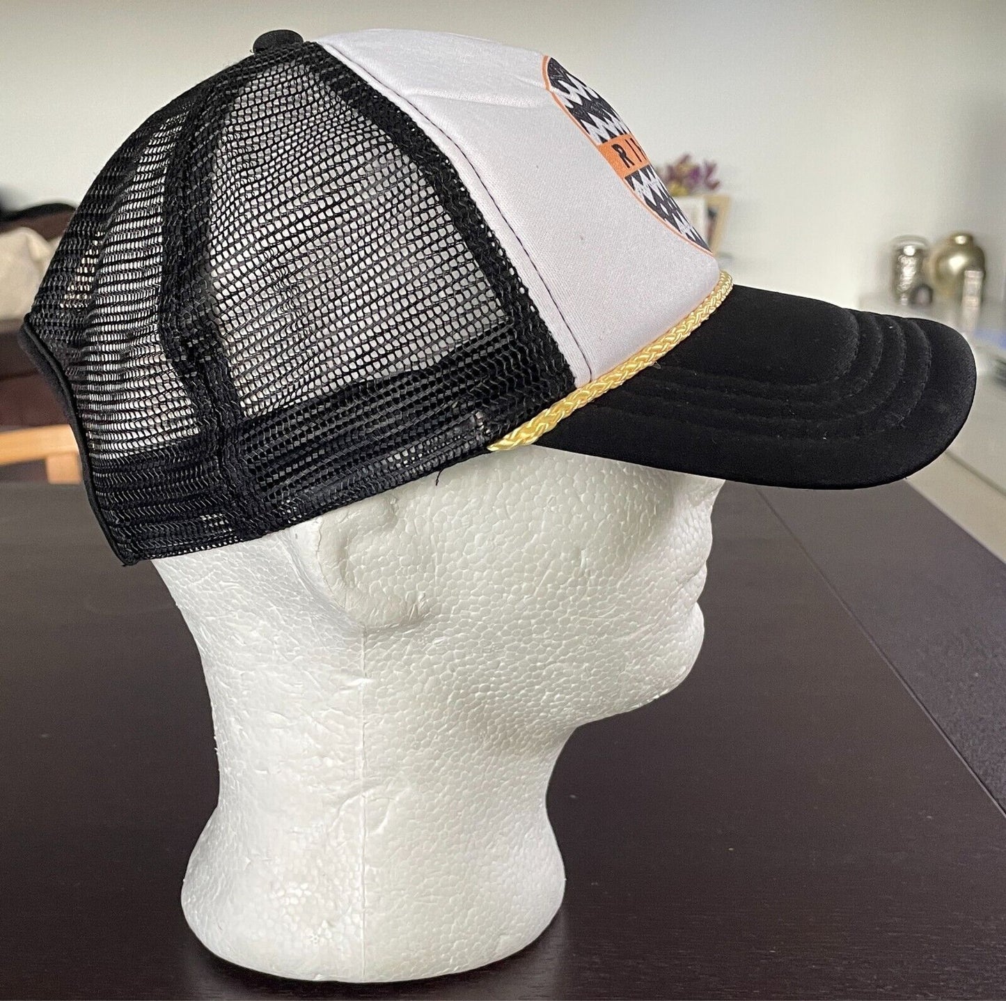RIPCURL Cap Hat Black Unisex Snapback OSFA 6 Panel Mesh Back Gold Cord Trim
