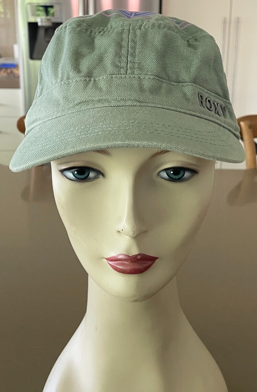 ROXY Khaki Castro Military Style Cap Pink &Blue Print One Size Fits Most Cotton