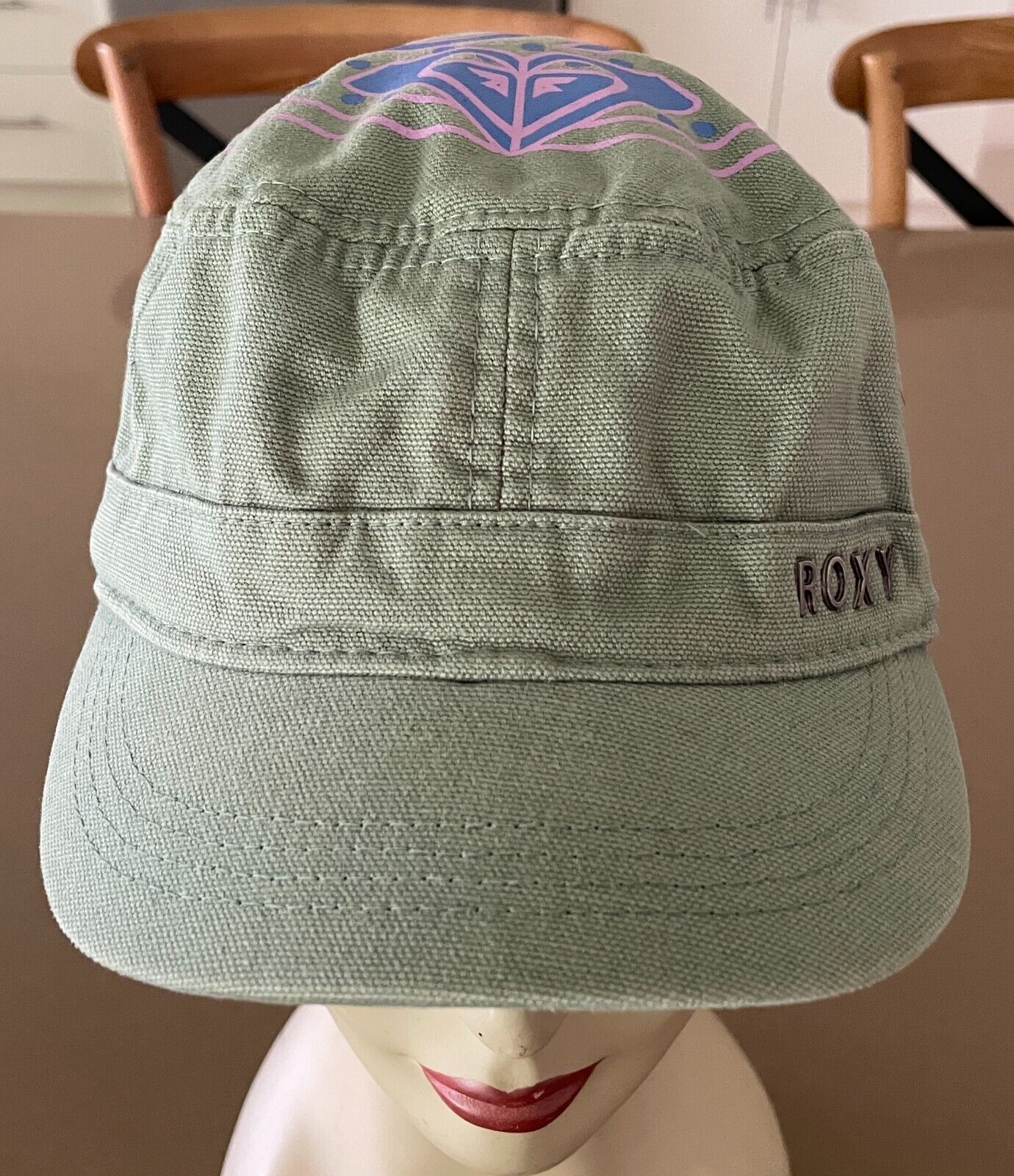 ROXY Khaki Castro Military Style Cap Pink &Blue Print One Size Fits Most Cotton