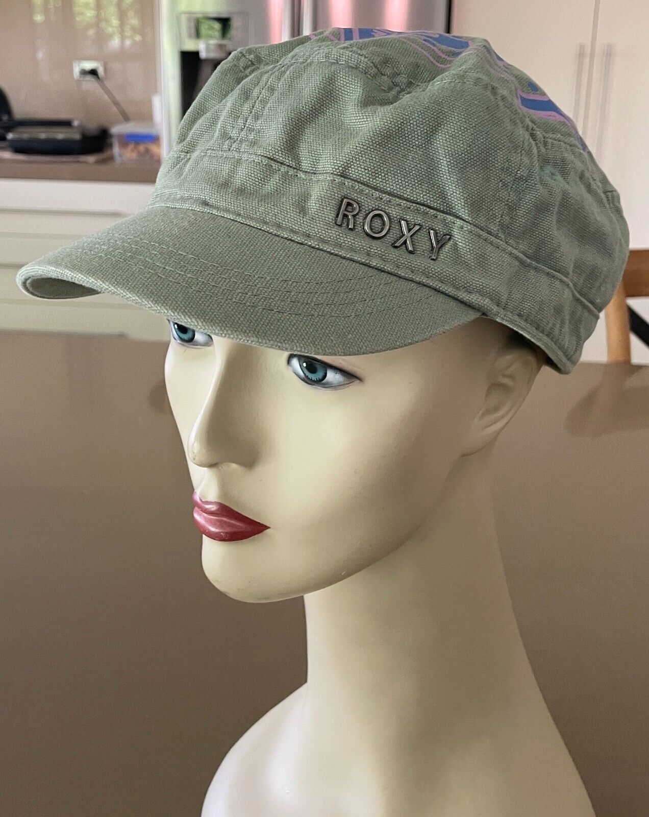 ROXY Khaki Castro Military Style Cap Pink &Blue Print One Size Fits Most Cotton