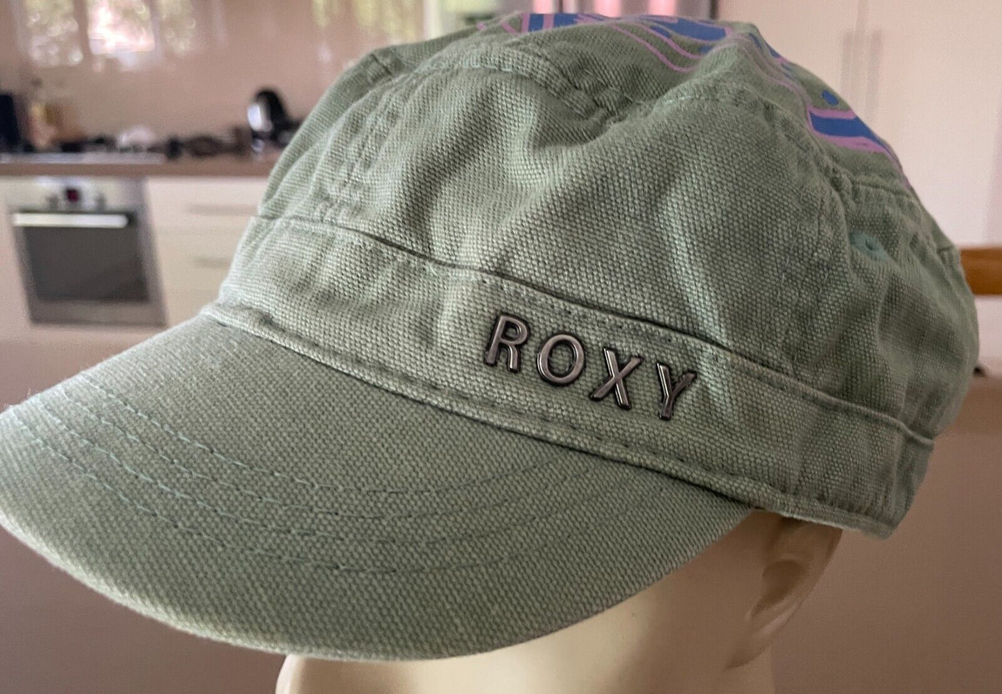 ROXY Khaki Castro Military Style Cap Pink &Blue Print One Size Fits Most Cotton