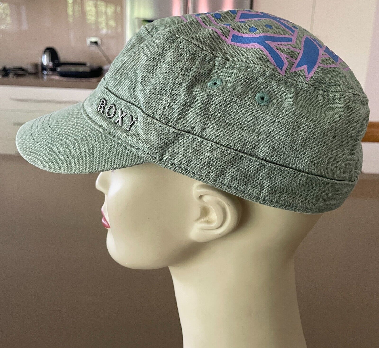 ROXY Khaki Castro Military Style Cap Pink &Blue Print One Size Fits Most Cotton
