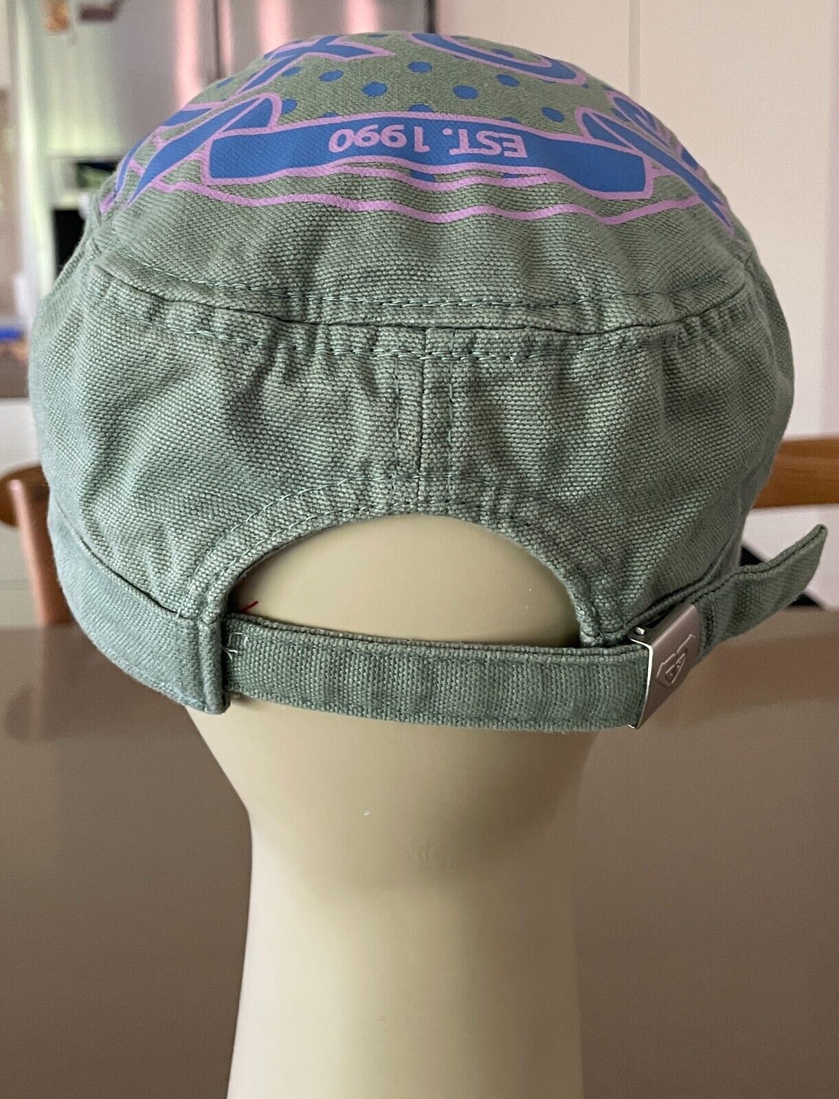 ROXY Khaki Castro Military Style Cap Pink &Blue Print One Size Fits Most Cotton